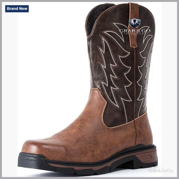 Men's Leather Cowboy Work Boots Steel Toe Slip Resistant Square Toe